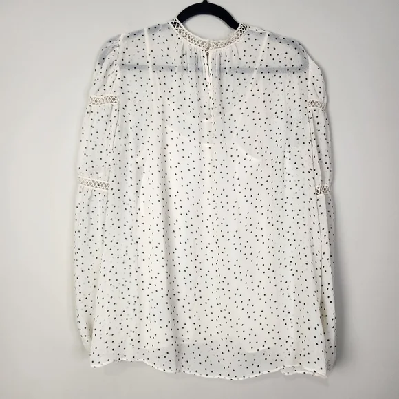 Women's Cream & Black Speck Print Peasant High Neck Sheer Blouse Large - Picture 10 of 16